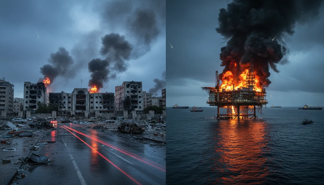 Panorama montrant à gauche un complexe d'ambassade à Bagdad endommagé avec fumée et débris, et à droite une île pétrolière iranienne en flammes au large, navires en mer et traînées de projectiles dans un ciel orageux — image dramatique sans texte.
