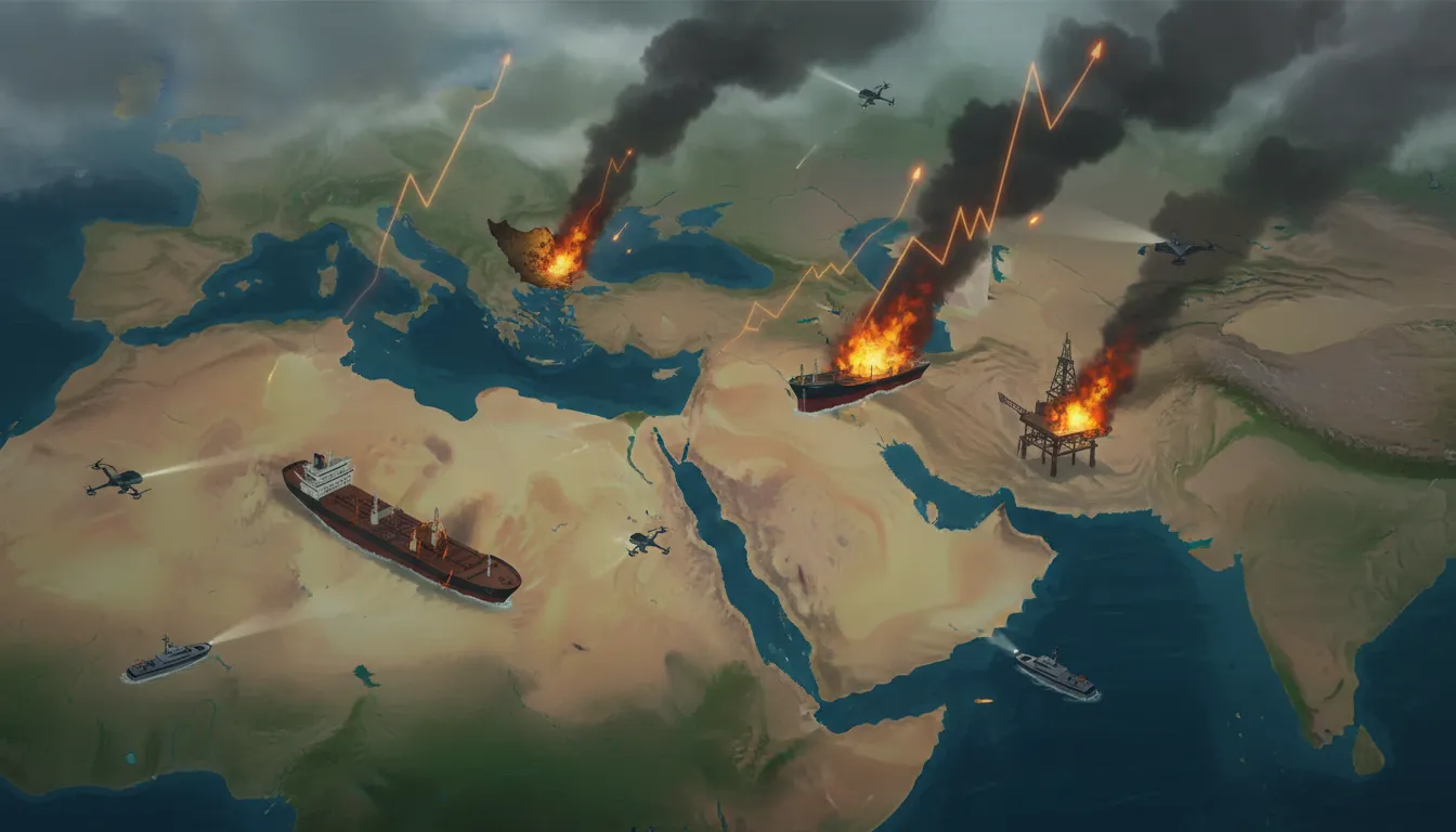 Vue aérienne dramatique du Golfe et de la côte orientale montrant explosions et colonnes de fumée au-dessus de navires et d'une plateforme pétrolière, drones et bateaux de surveillance en mer, illustrant l'escalade des attaques et la pression sur les prix du pétrole.