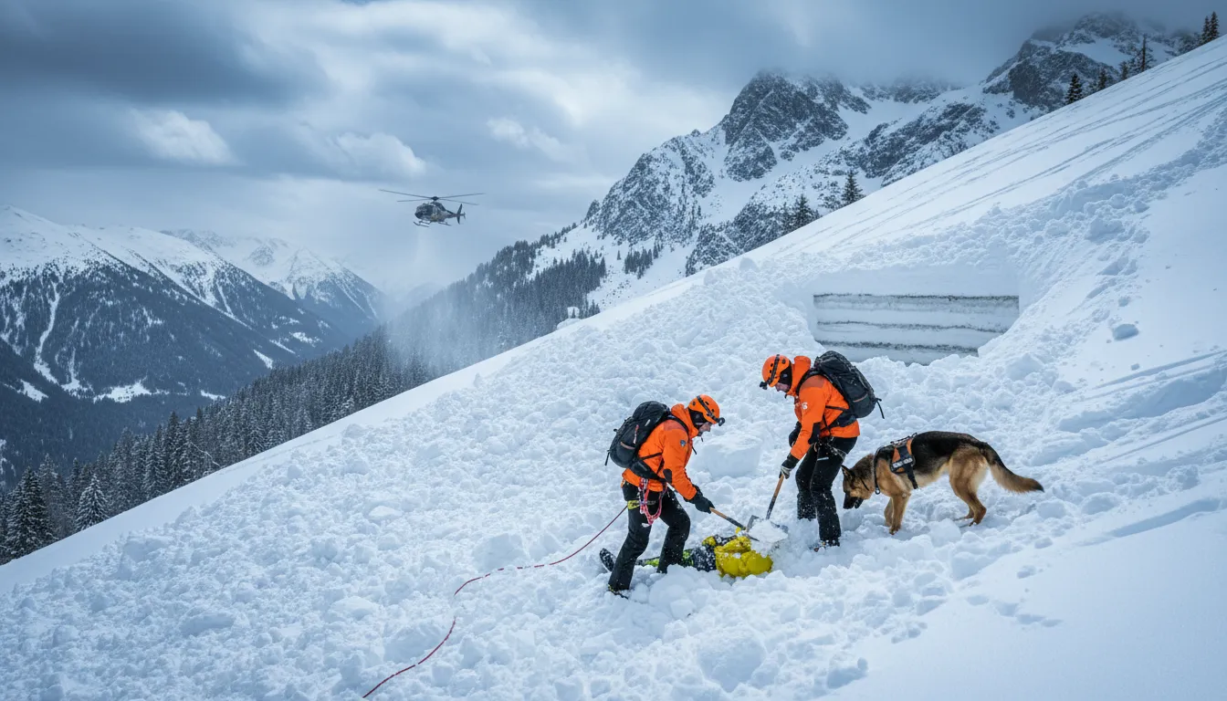 Scène de secours après une avalanche dans les Alpes françaises : sauveteurs en vestes orange fouillant une victime partiellement ensevelie, chien d'avalanche, hélicoptère et couches de neige visibles