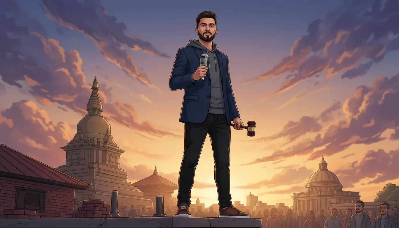 Portrait stylisé de Balendra Shah, ancien rappeur devenu maire de Katmandou et figure politique montante du Népal, debout sur un toit au coucher du soleil avec un microphone et un petit marteau symbolique, vue sur la vallée de Katmandou et un stupa en arrière-plan.