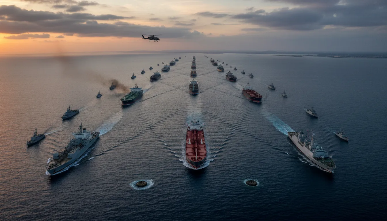 Luftaufnahme der Straße von Hormus bei Dämmerung: enge Passage mit Tankern, Patrouillenbooten, Hubschrauber, Drohne und Rauch – Bedrohung für die Schifffahrt