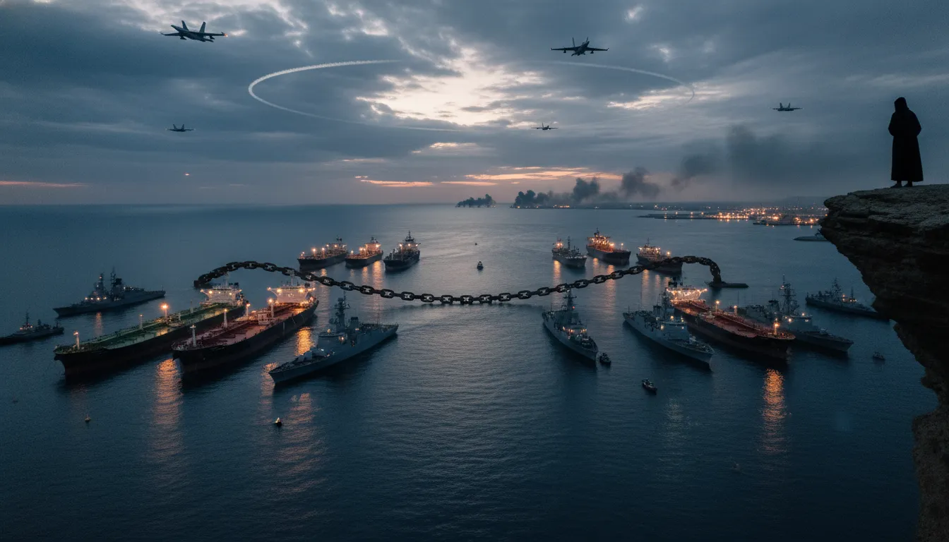 Vue aérienne du détroit d'Ormuz bloqué par une chaîne massive, pétroliers et navires encerclés, navires de guerre et avions, silhouette anonyme sur une falaise
