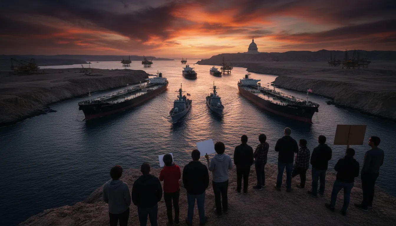 Dramatische Illustration: blockierte Öltanker in der Straße von Hormus vor stürmischem Himmel, im Vordergrund silhouetten von US-Wählern, symbolisch für politische Spannungen und Energiekrise