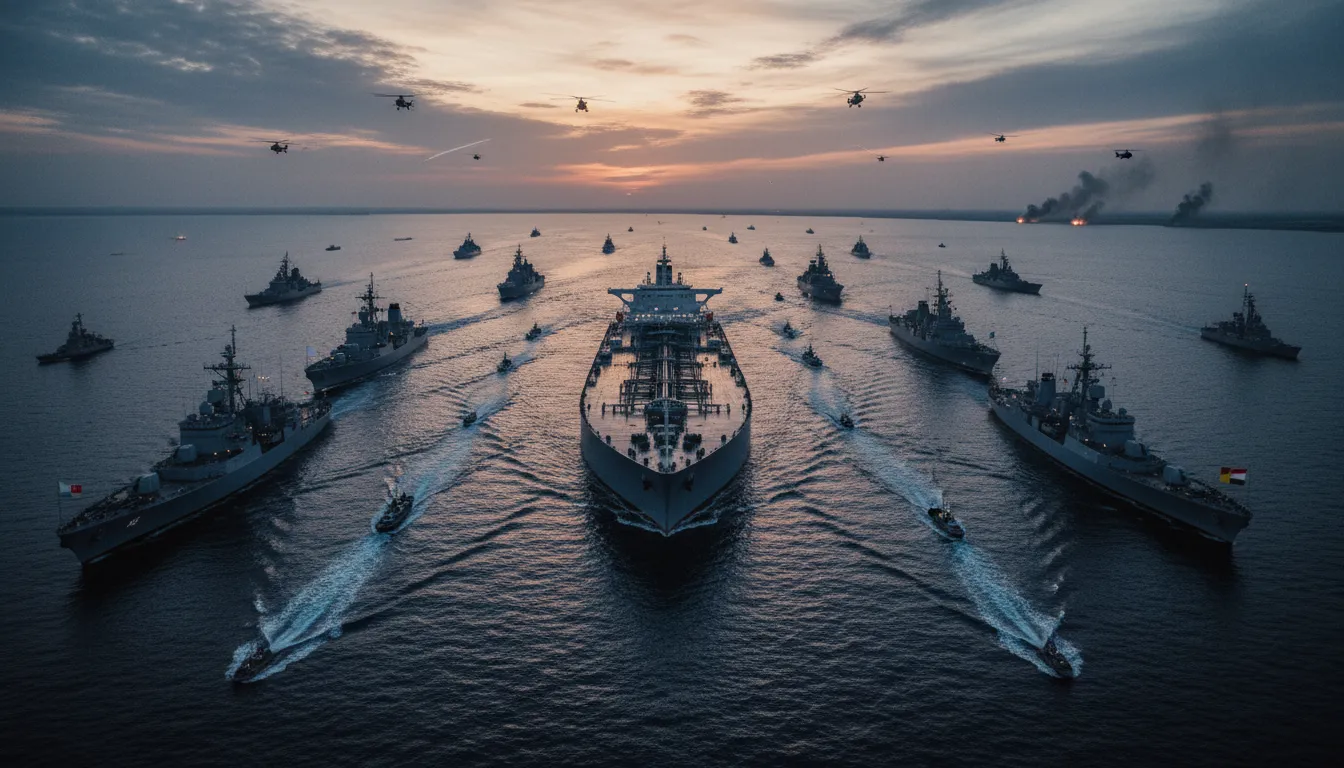 Luftaufnahme der Straße von Hormuz bei Dämmerung: Kriegsschiffe mehrerer Marinen umgeben einen Öltanker, Hubschrauber und Kampfjets am Himmel, düstere Wolken und Rauch signalisieren militärische Spannung