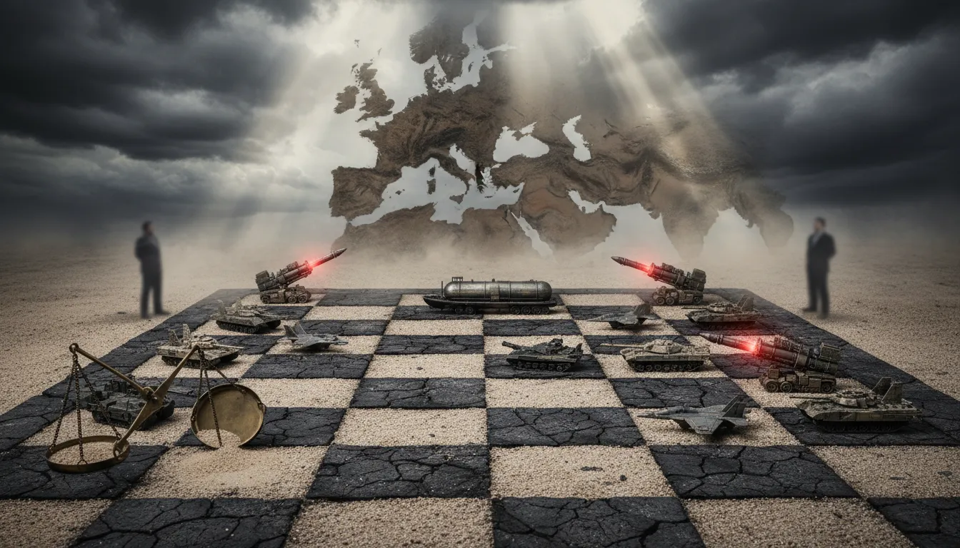 Symbolbild: Schachbrett aus Sand auf zerklüftetem Wüstenboden mit Miniatur-Panzern, Flugzeugen und Öltankern vor einer stilisierten, leicht verkohlten Nahost-Karte unter dramatischem Himmel – symbolisiert Eskalation, strategische Risiken und politische Konfrontation zwischen USA und Iran.