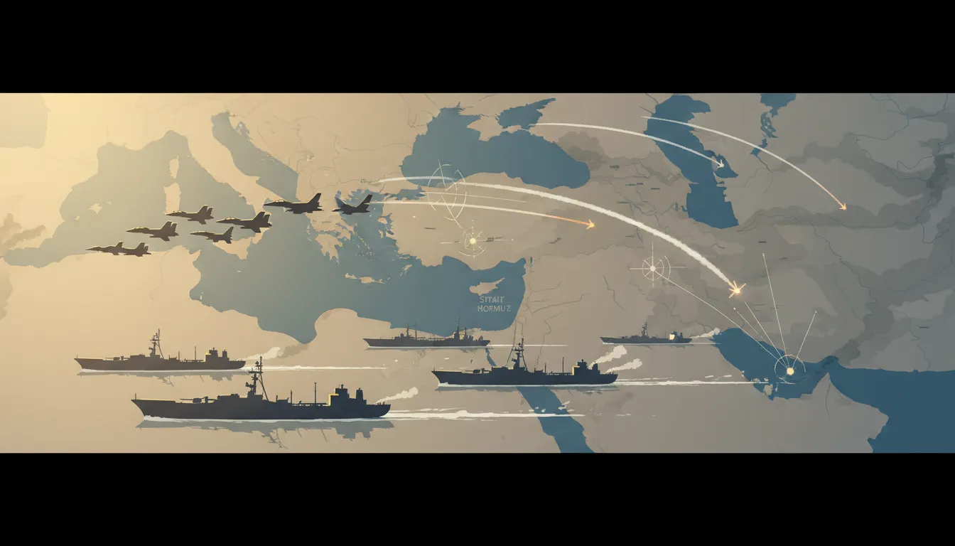 Illustration conceptuelle d'une carte stylisée du Golfe et du détroit d'Ormuz avec avions, navires, traînées de missiles et fumée, symbolisant frappes étendues et risques pour la navigation