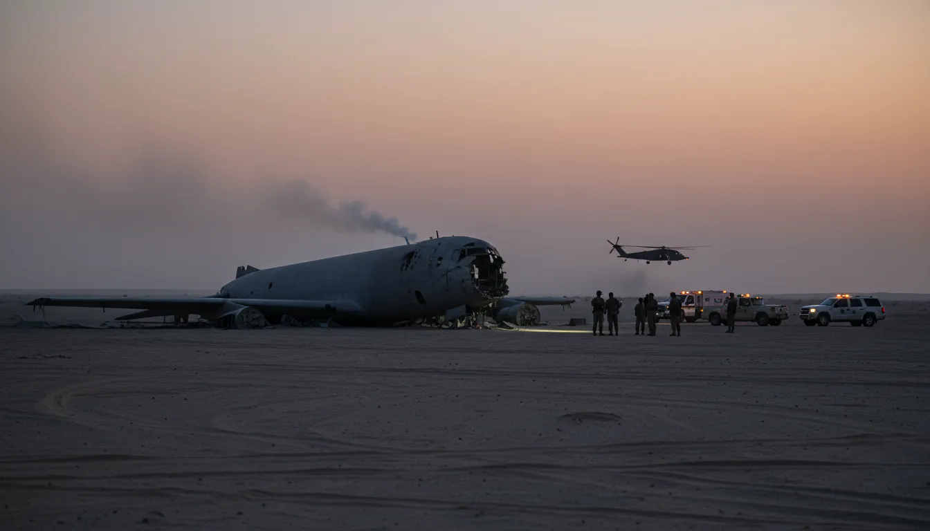 Épave d'un avion ravitailleur KC-135 dans le désert de l'ouest de l'Irak au crépuscule, fumée légère et personnels de secours à distance dans une ambiance solennelle