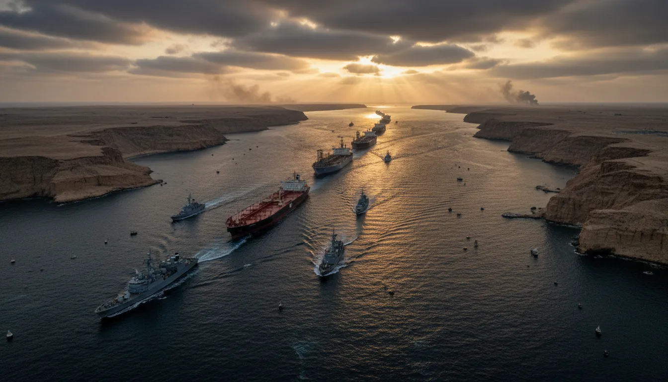 Vue aérienne cinématographique du détroit d'Hormuz montrant des pétroliers alignés et navires militaires sans drapeaux formant un blocus, ciel orageux et mer sombre