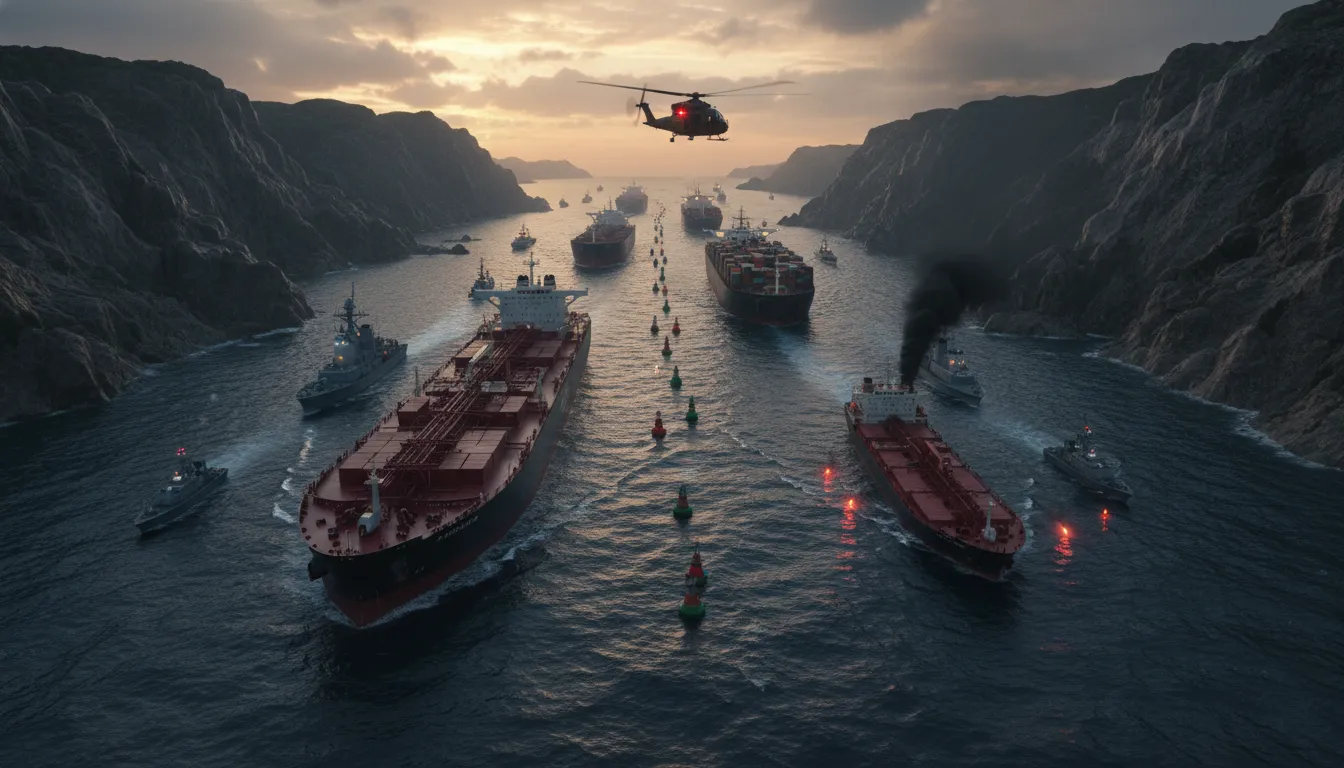 Vue aérienne photoréaliste du détroit d'Ormuz : pétroliers et cargos serrés dans un passage étroit, navires militaires et hélicoptère en alerte, fumée et fusées de détresse, atmosphère tendue illustrant les risques pour le transport maritime et l'économie mondiale