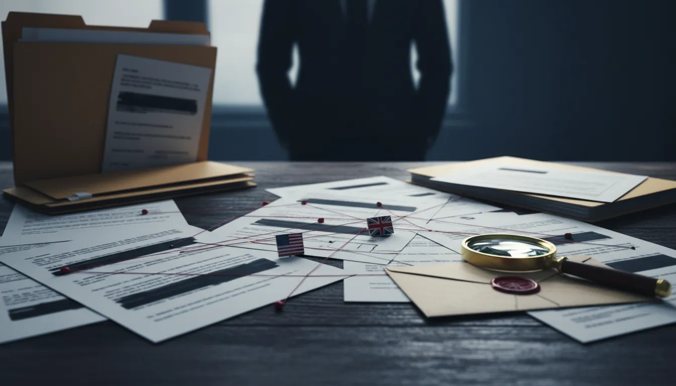 Documents officiels partiellement expurgés sur un bureau avec loupe, enveloppe scellée et silhouette anonyme d'un homme en costume, symbolisant une enquête et un risque réputationnel entre Londres et Washington
