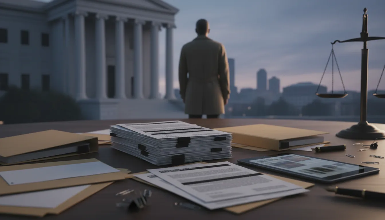 Symbolbild: freigegebene FBI‑Memos und stark geschwärzte Akten vor verschwommener Politiker‑Silhouette und Gerichtsgebäude, DOJ/Epstein‑Dokumente