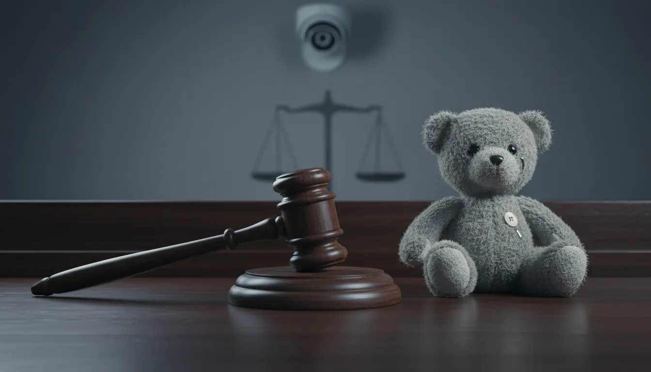 Maillet de juge posé à côté d’un nounours usé sur un banc de tribunal, caméra de surveillance floue en arrière-plan, ambiance sombre et solennelle
