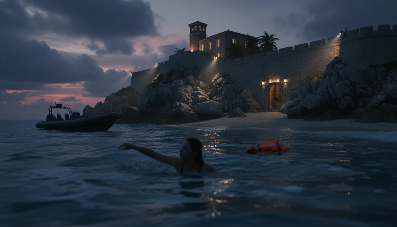 Silhouette einer erwachsenen Frau schwimmt bei Dämmerung von einer abgelegenen Privatinsel mit Wachturm und Sicherheitsboot davon