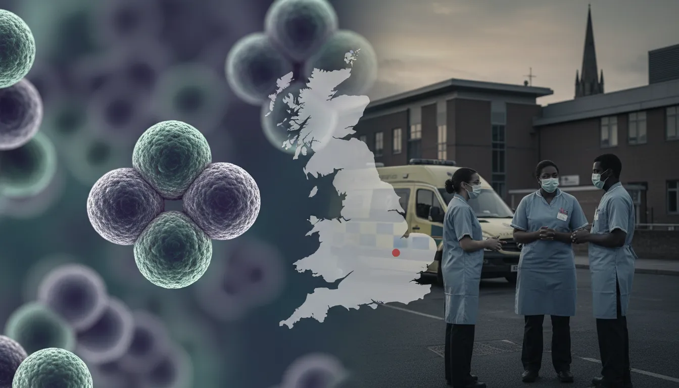 Illustration sobre d'une flambée de méningite à Canterbury (Kent) : vue microscopique des bactéries à gauche, soignants et hôpital à droite, silhouette de la cathédrale en arrière‑plan