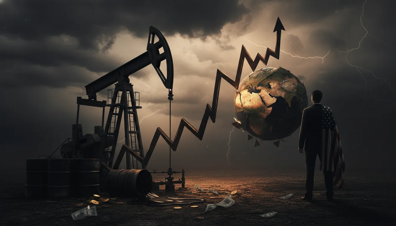 Pompe à pétrole et barils, trace d'huile formant une courbe de prix en hausse, globe orienté sur le Moyen-Orient et silhouette américaine sous ciel orageux — symbolisant la guerre Iran-Trump et la flambée du pétrole