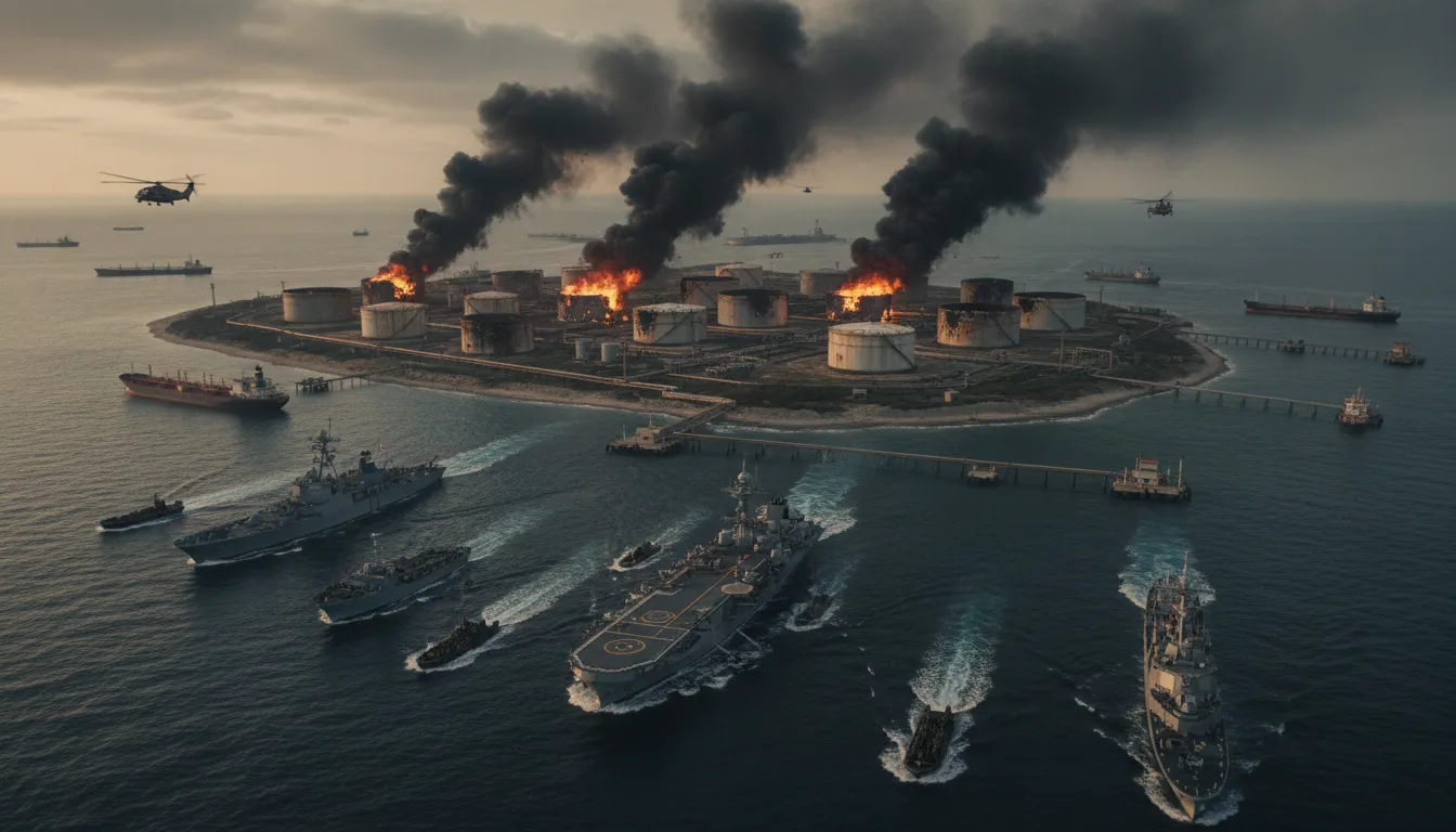 Vue aérienne dramatique de l'île de Kharg dans le Golfe avec réservoirs pétroliers en feu, panaches de fumée et un groupe naval amphibie de marines au large