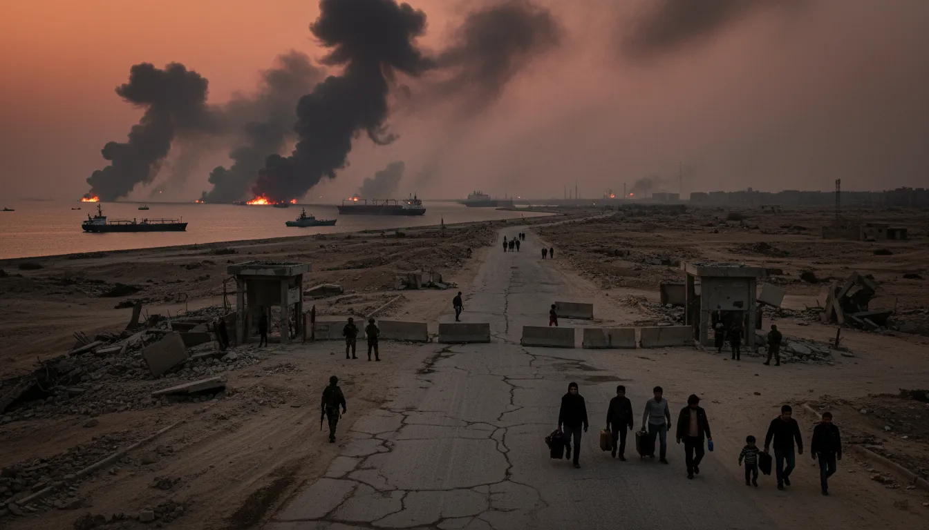 Vue panoramique photoréaliste de points de contrôle endommagés en Iran, fumée après des frappes, civils déplacés et navires pétroliers dans le détroit d'Hormuz