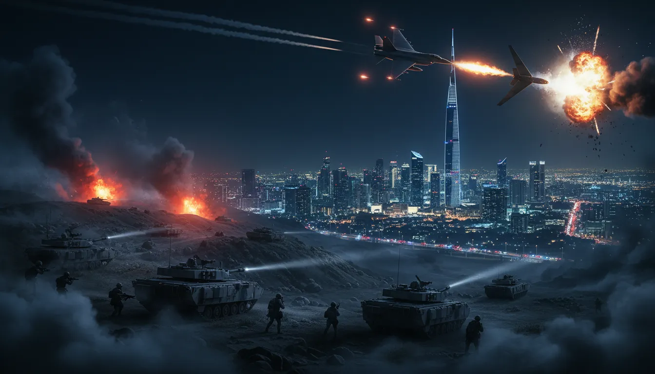 Nighttime scene showing targeted ground raids in a coastal border region and a UAE fighter jet intercepting a large drone over a modern Dubai-like skyline with missile trails and explosions