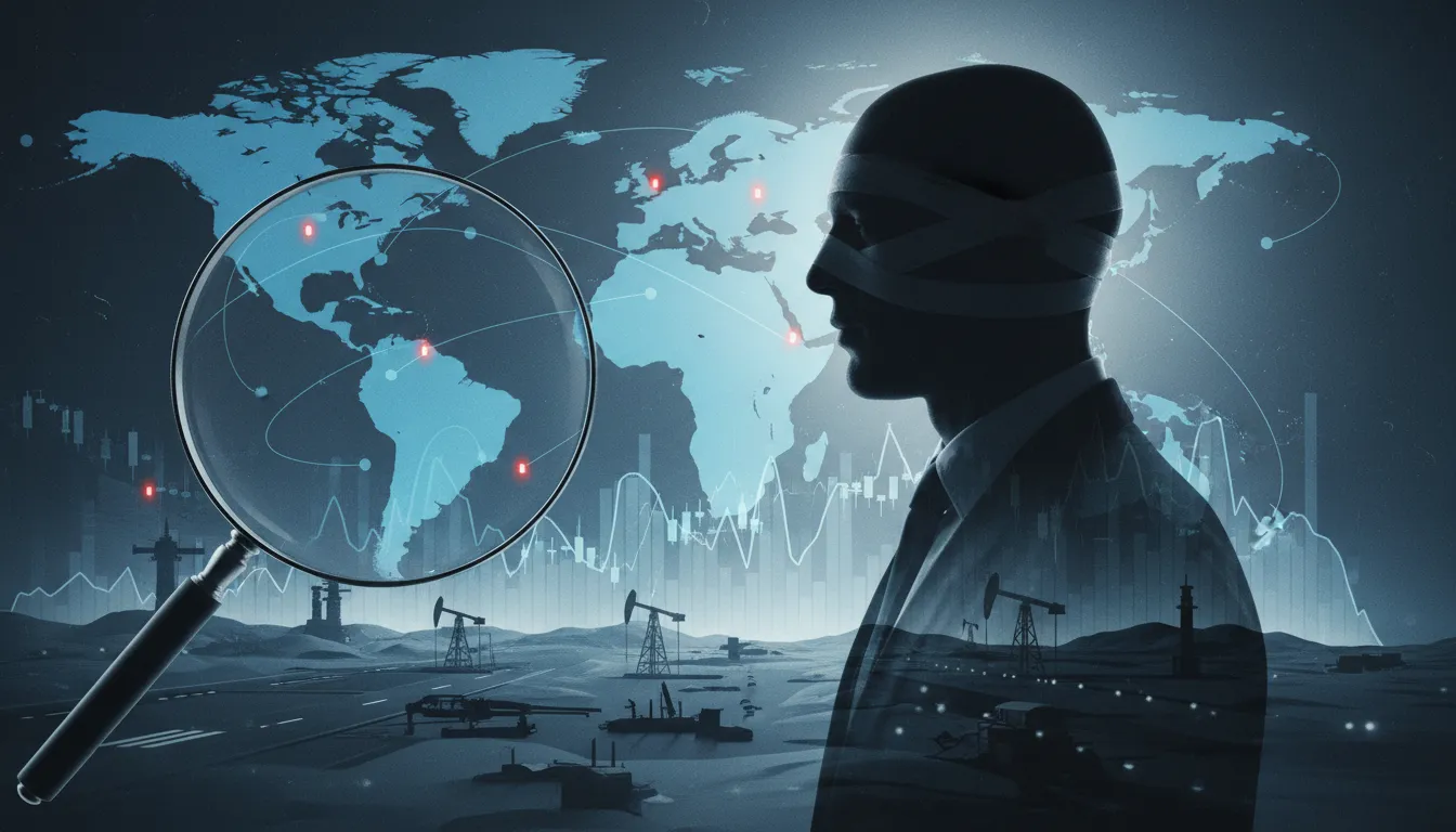 Illustration conceptuelle d'une silhouette anonyme au visage flouté devant une carte du monde, satellites, infrastructures militaires et une loupe symbolisant l'enquête et les implications militaires et économiques