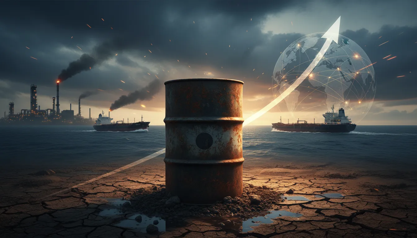 Baril de pétrole au premier plan, navires-citernes et raffineries en arrière-plan, et une flèche ascendante stylisée symbolisant la forte hausse des prix du pétrole