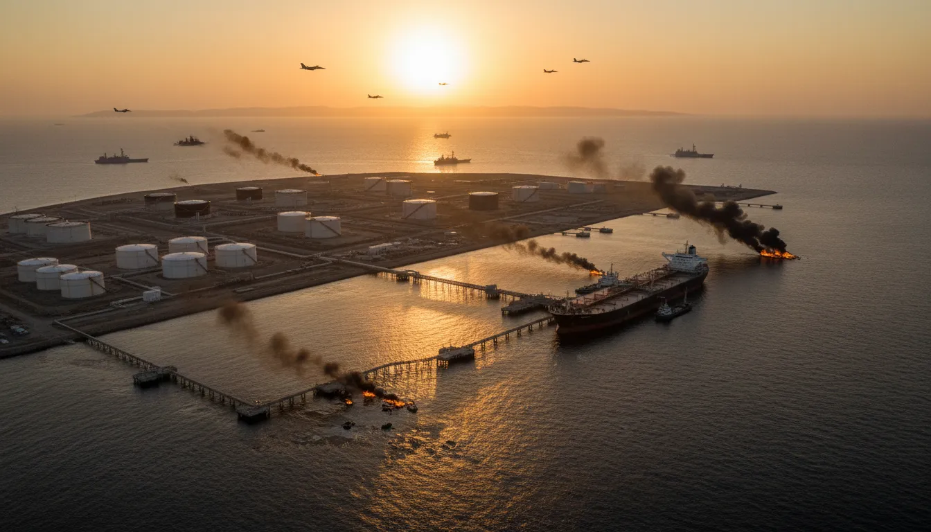 Vue aérienne réaliste de l'île de Kharg et de son terminal pétrolier attaqué : tankers, nappes de pétrole et fumée, frégates et avions près du détroit d'Ormuz