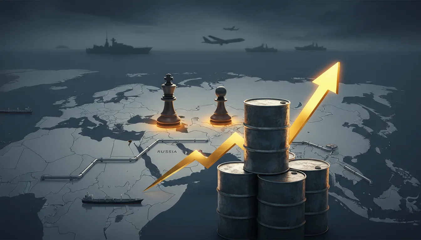 Illustration conceptuelle montrant une carte stylisée de la Russie et de l'Iran, des barils de pétrole, une flèche ascendante symbolisant la hausse des prix et des pièces d'échecs représentant des manœuvres géopolitiques