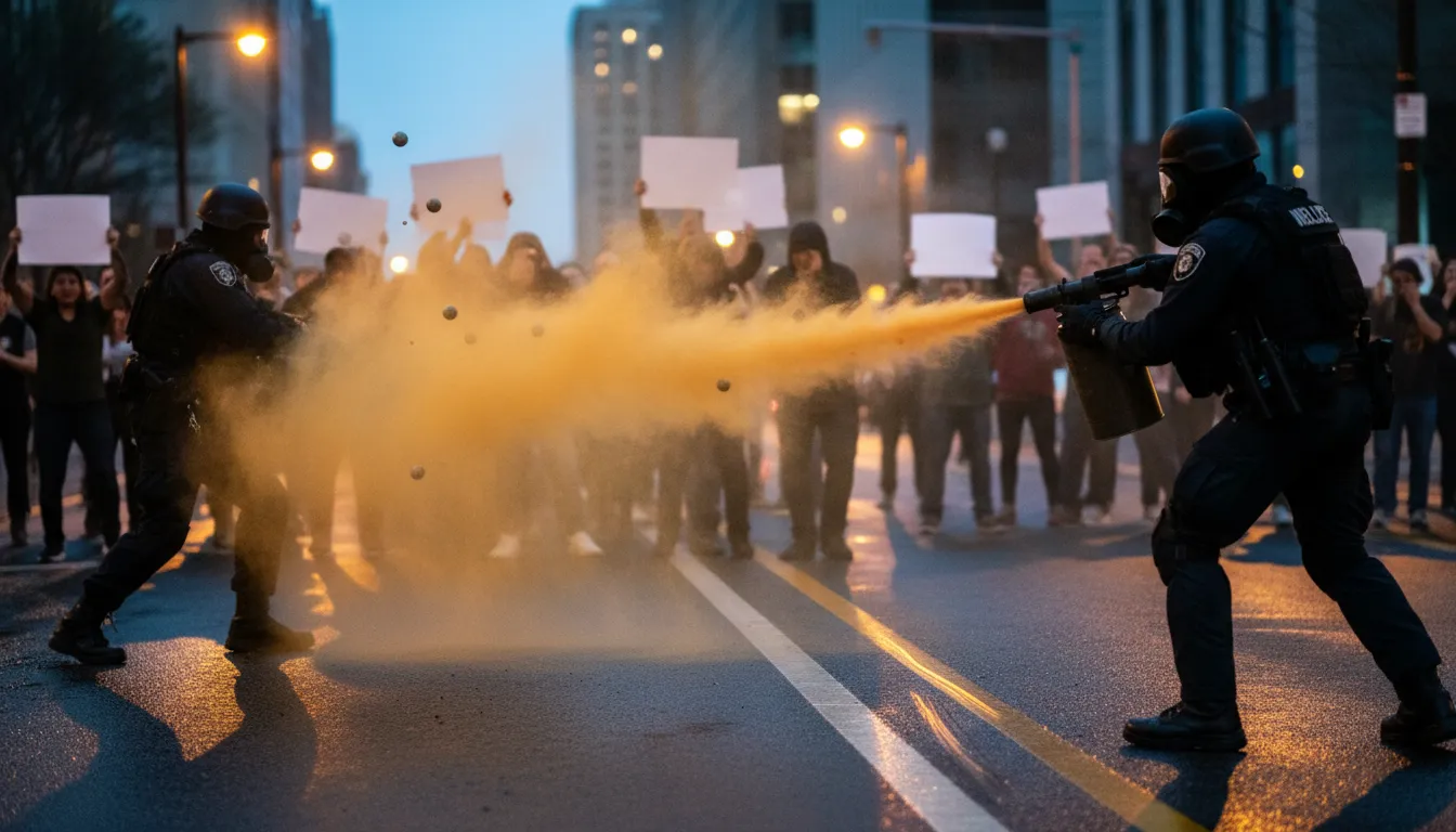 Uniformierte Immigrationsbeamte setzen bei einer Demonstration Pfefferspray und projektile ein, Menschen husten und halten blanke Schilder