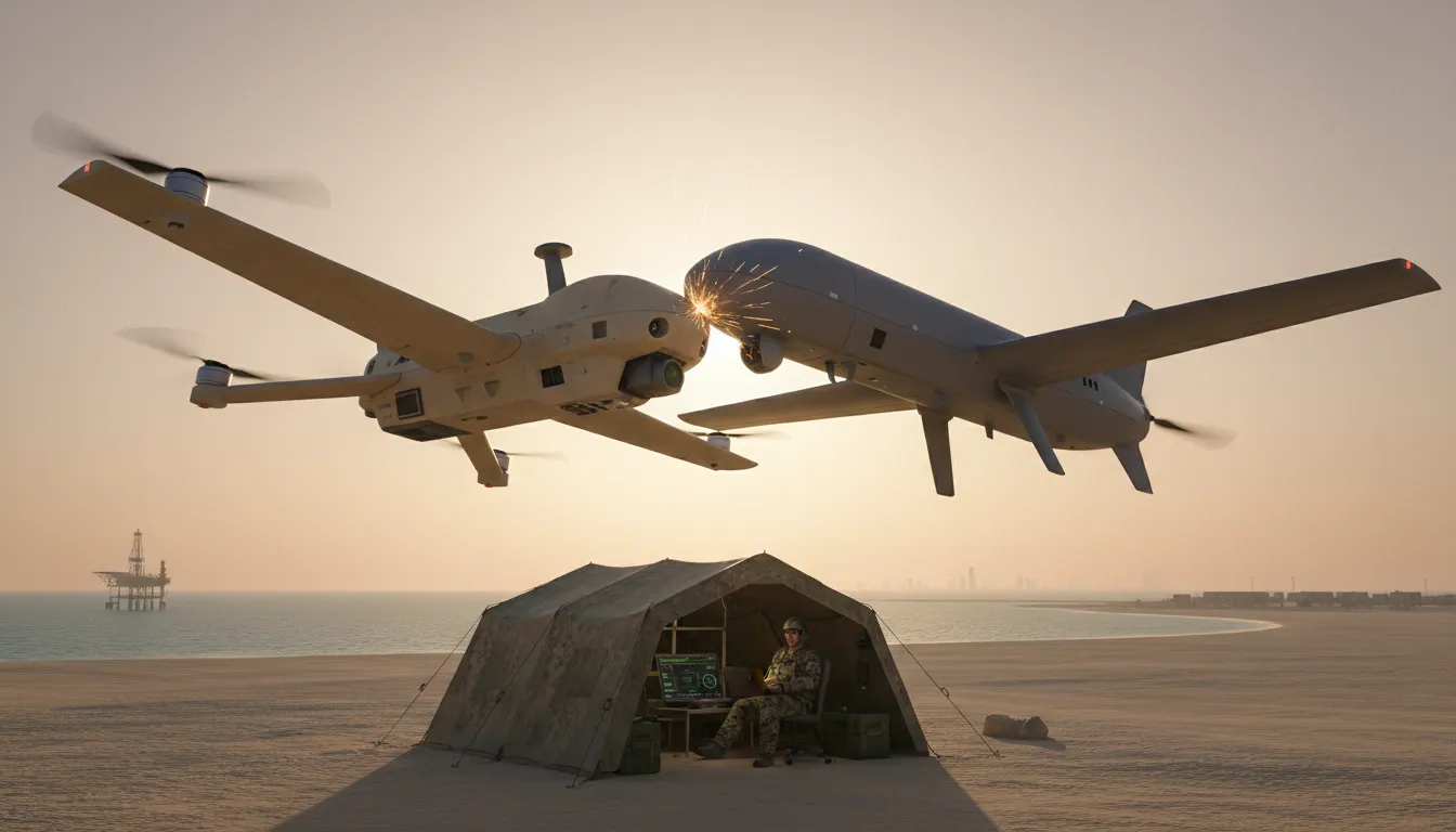 Intercepteur anti‑drone léger ukrainien en interception contrôlée d'un drone kamikaze au‑dessus d'un littoral du Golfe, avec plateforme pétrolière et opérateur au sol en arrière‑plan