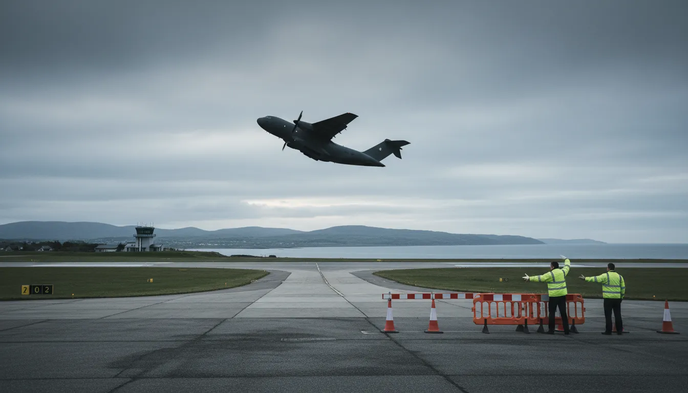 Avion militaire silhouetté détourné au-dessus d'une piste côtière de l'aéroport de Prestwick, avec une barrière de fermeture et des agents locaux au premier plan