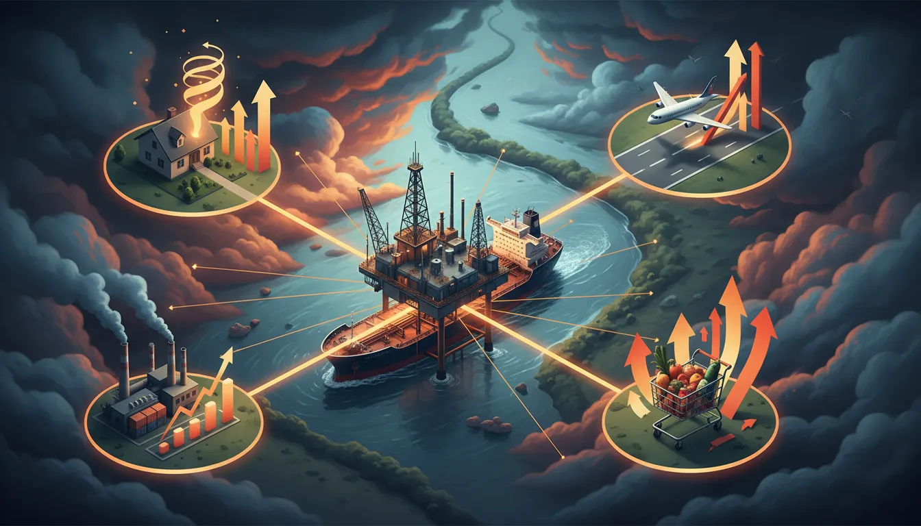 Illustration: Ölplattform und Tanker in einer engen Meeresstraße, verbunden durch leuchtende Linien mit Haus, Flugzeug, Einkaufswagen und Fabrik; aufsteigende Pfeile und Balken symbolisieren steigende Ölpreise, Hypothekenzinsen, Flugpreise und Lebensmittelkosten – keine Wörter im Bild.