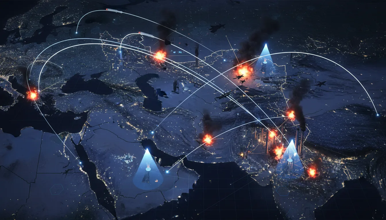 Stilisierte Nachtkarte des Iran-Gebiets mit eingezeichneten Raketenflugbahnen, Drohnen, Radarsystemen und beschädigter Infrastruktur, symbolisierend die militärische Strategie und den Krieg der Erschöpfung nach Woche 1