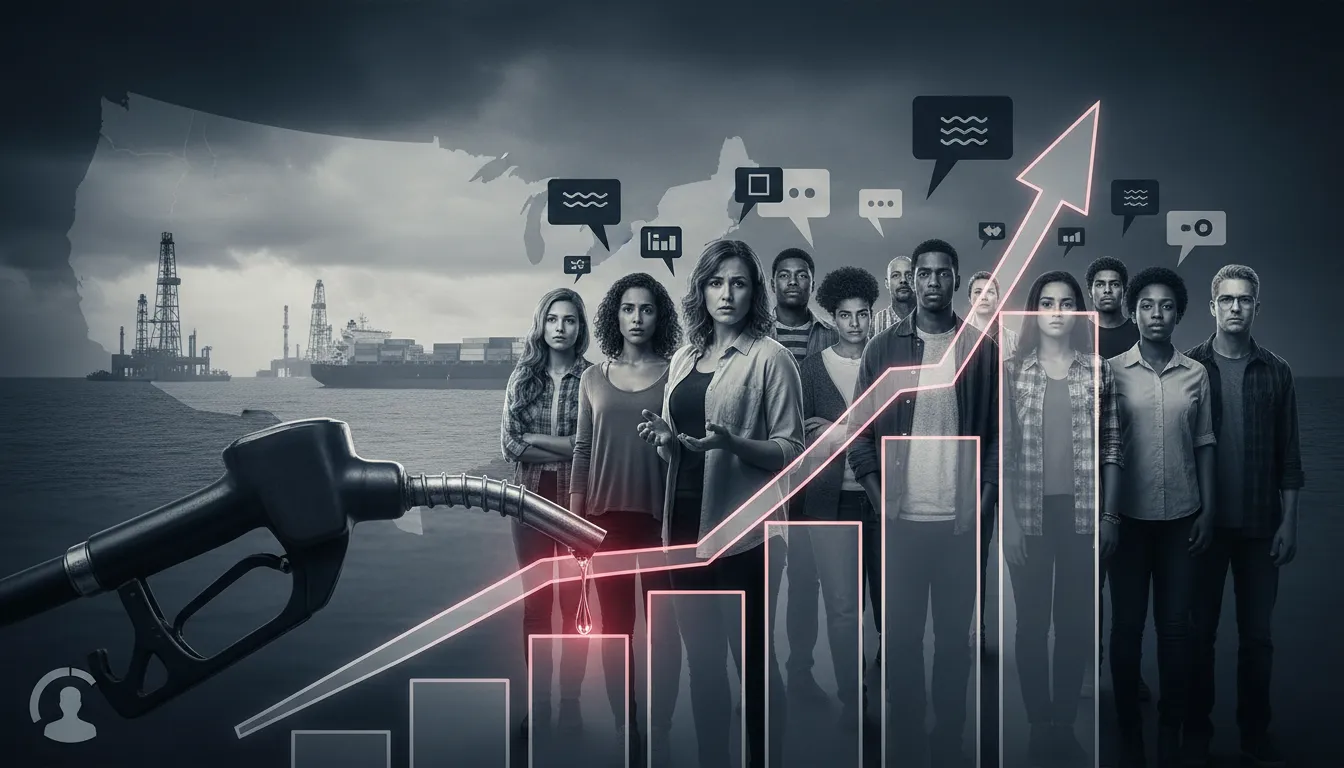 Symbolische Komposition: Zapfpistole tropft in steigende Preiskurve, Ölplattformen und besorgte US-Bürger im Hintergrund – Iran-Konflikt beeinflusst US-Wirtschaft und Benzinpreise