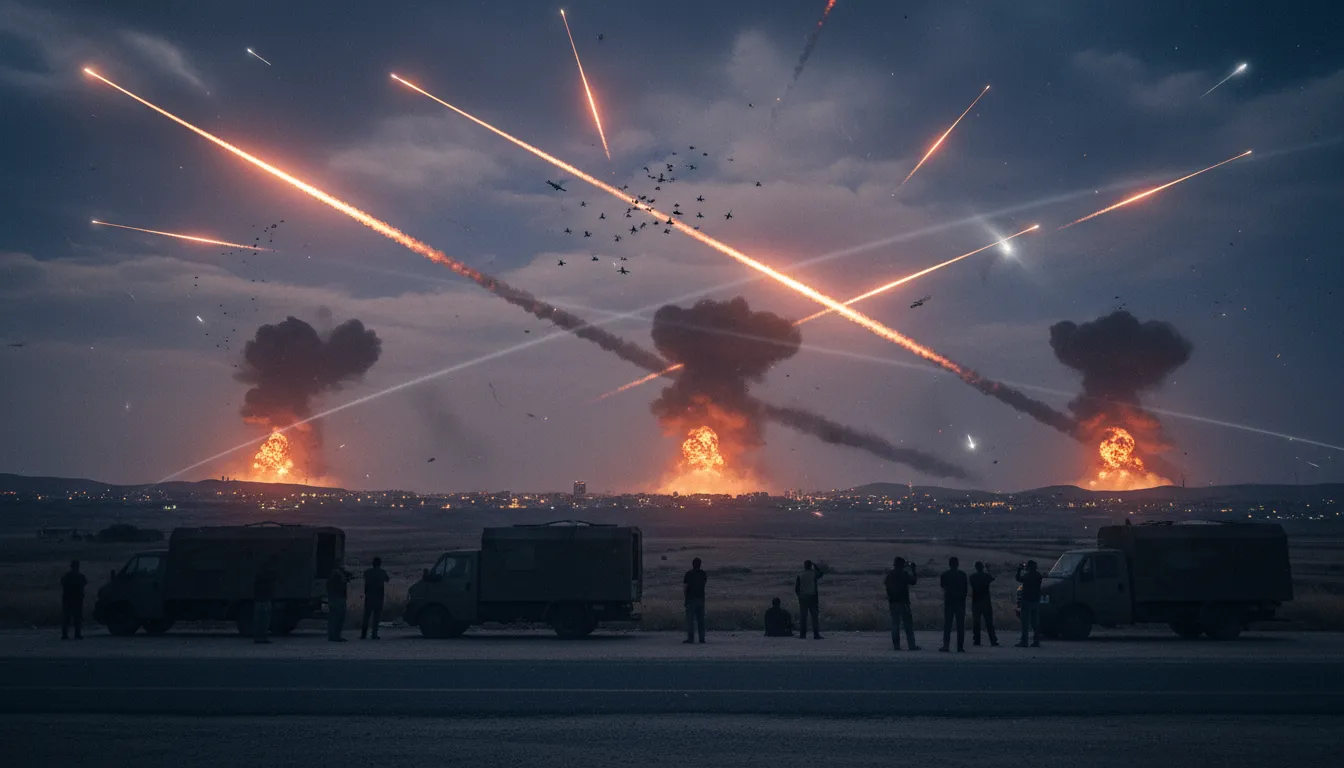 Ciel nocturne au-dessus d'une ville du Moyen-Orient avec missiles et essaims de drones, explosions au loin et silhouettes de véhicules humanitaires