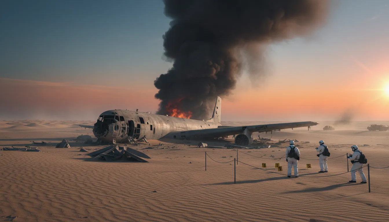 Wrack eines abgestürzten Tankflugzeugs in wüstenähnlicher Landschaft im Irak mit Rauch, Bergungsfahrzeugen und Untersuchern an einer abgesperrten Fundstelle