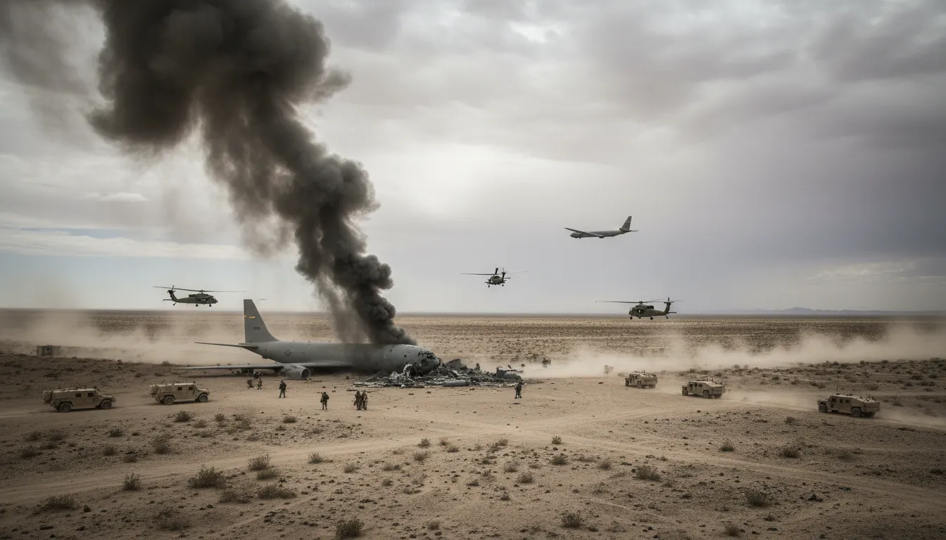 Luftaufnahme eines abgestürzten, unmarkierten Tankflugzeugs in einer Wüstenlandschaft mit rauchender Wrackstelle, einem zweiten Tanker in sicherer Entfernung und Such- und Rettungskräften.