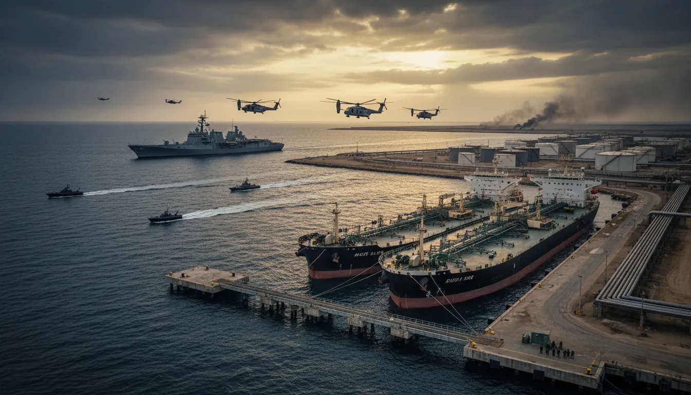 Luftaufnahme der Kharg-Insel mit Ölterminals und verladendem Tanker; vor der Küste U.S.-Marine-Schiffe, Hubschrauber und Marinesoldaten unter dramatischem Himmel