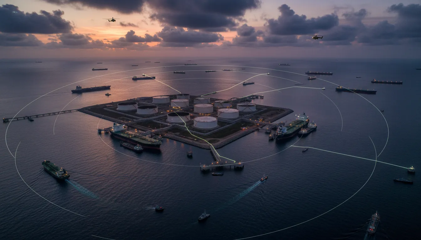 Luftaufnahme von Kharg Island Ölterminal mit Lager­tanks, Tankern und patrouillierenden Kriegsschiffen unter düsterem Himmel, symbolisch für strategische Bedeutung und Risiken der iranischen Ölexporte