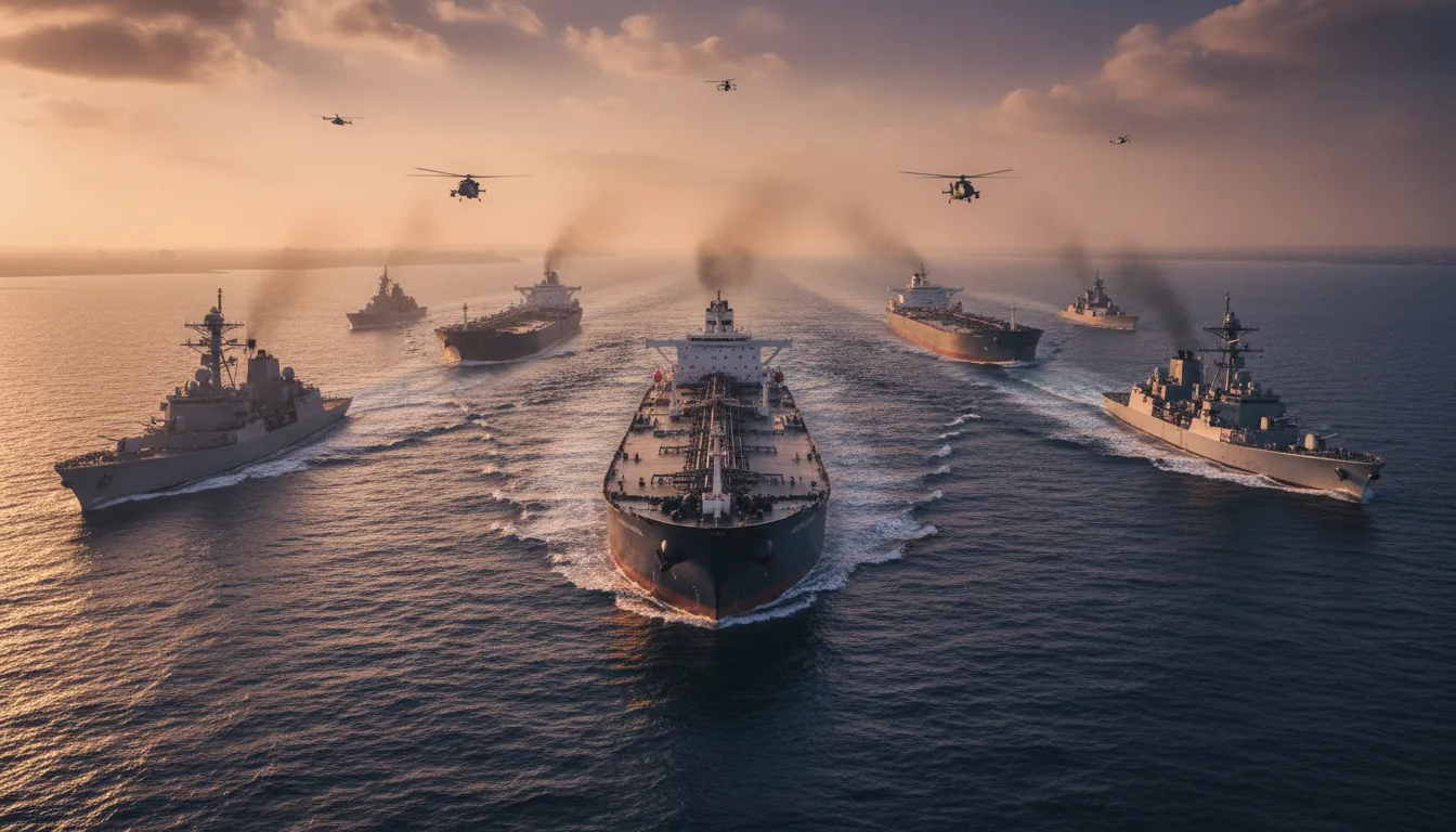 Luftaufnahme: unmarkierte Kriegsschiffe eskortieren Öltanker durch die enge Straße von Hormus bei dramatischem Licht – Symbol für Schifffahrtssicherheit und Spannungen