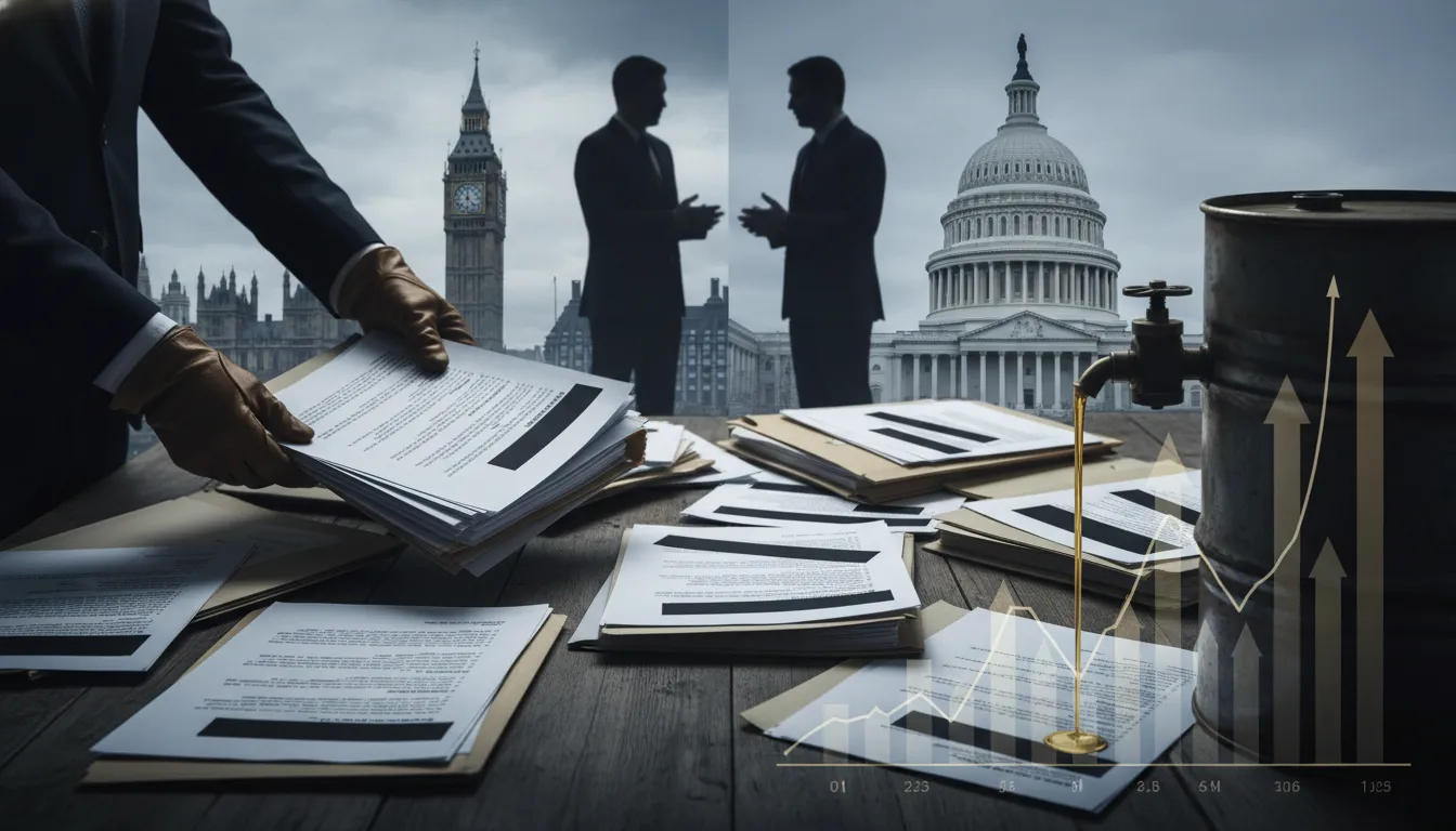 Dossier de documents caviardés sur un bureau, silhouettes politiques, baril de pétrole et courbe de marché évoquant risques de réputation et libération de réserves stratégiques