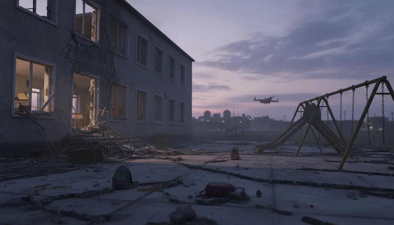Zerstörter Schulhof mit verstreuten Kinder-Rucksäcken und leerem Spielplatz, im Hintergrund eine entfernte Drohnen-Silhouette am staubigen Himmel