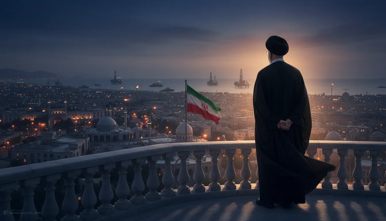 Mojtaba Khamenei représenté de dos en turban sur un balcon surplombant Téhéran au crépuscule, avec des symboles militaires et infrastructures pétrolières en arrière‑plan