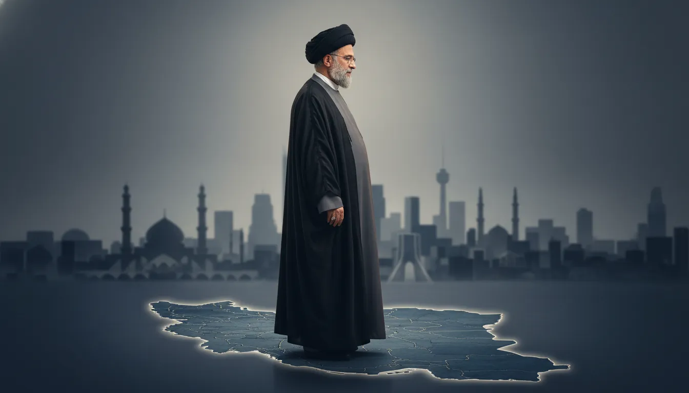 Symbolische Darstellung eines schiitischen Geistlichen mit schwarzem Turban vor einer verwischten iranischen Skyline und stilisierter Karte Irans, nüchtern und respektvoll