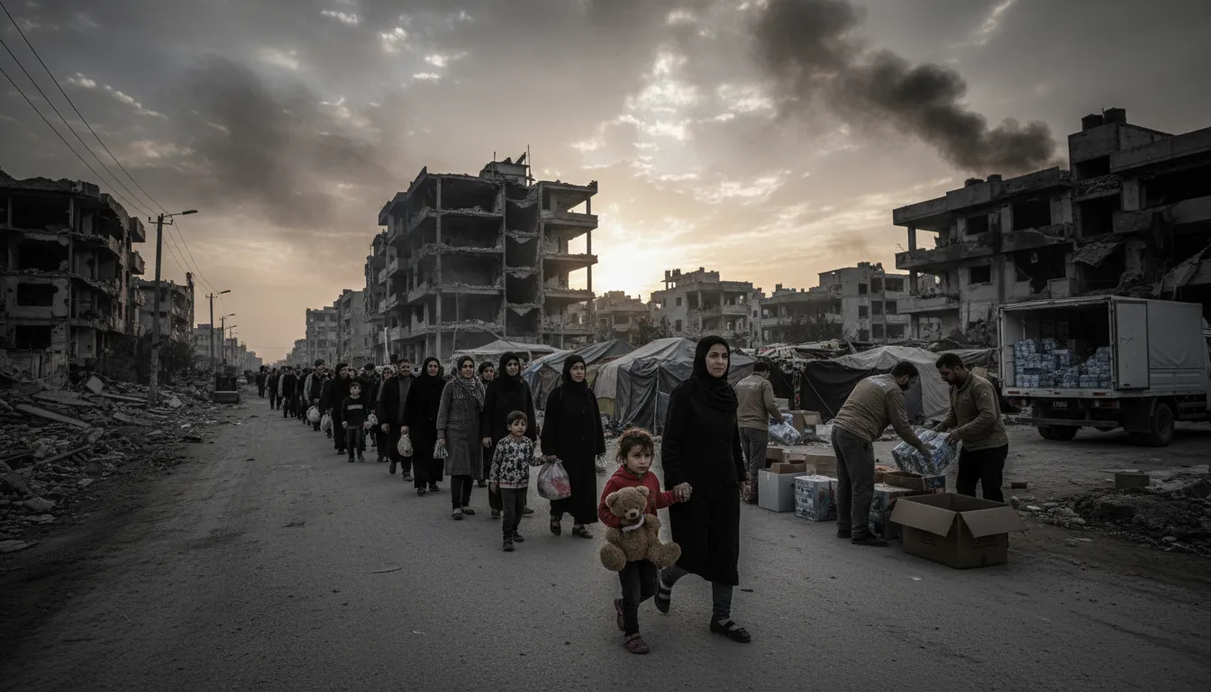 Civils déplacés après une escalade militaire : bâtiments détruits, files de personnes recevant aide humanitaire non marquée