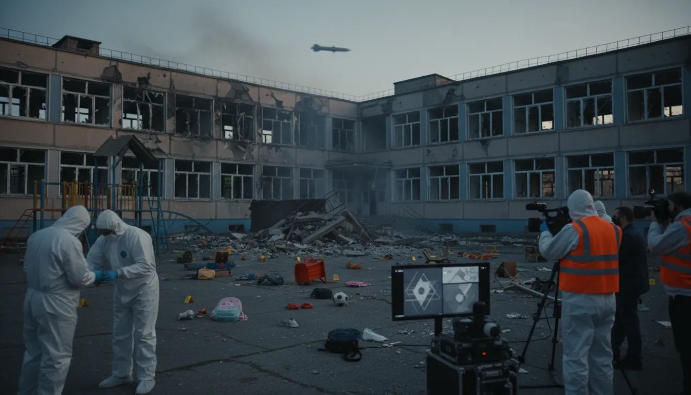 Zerstörte Schule mit verstreuten Schulrucksäcken und Ermittlern, im Hintergrund die Silhouette eines Marschflugkörpers am Himmel