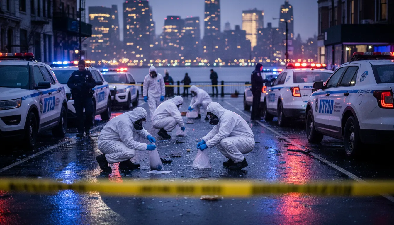 Forensiker in Schutzanzügen und Polizeiband vor Gracie Mansion in New York bei nächtlichen Ermittlungen, mit Streifenwagen und Manhattan-Skyline im Hintergrund