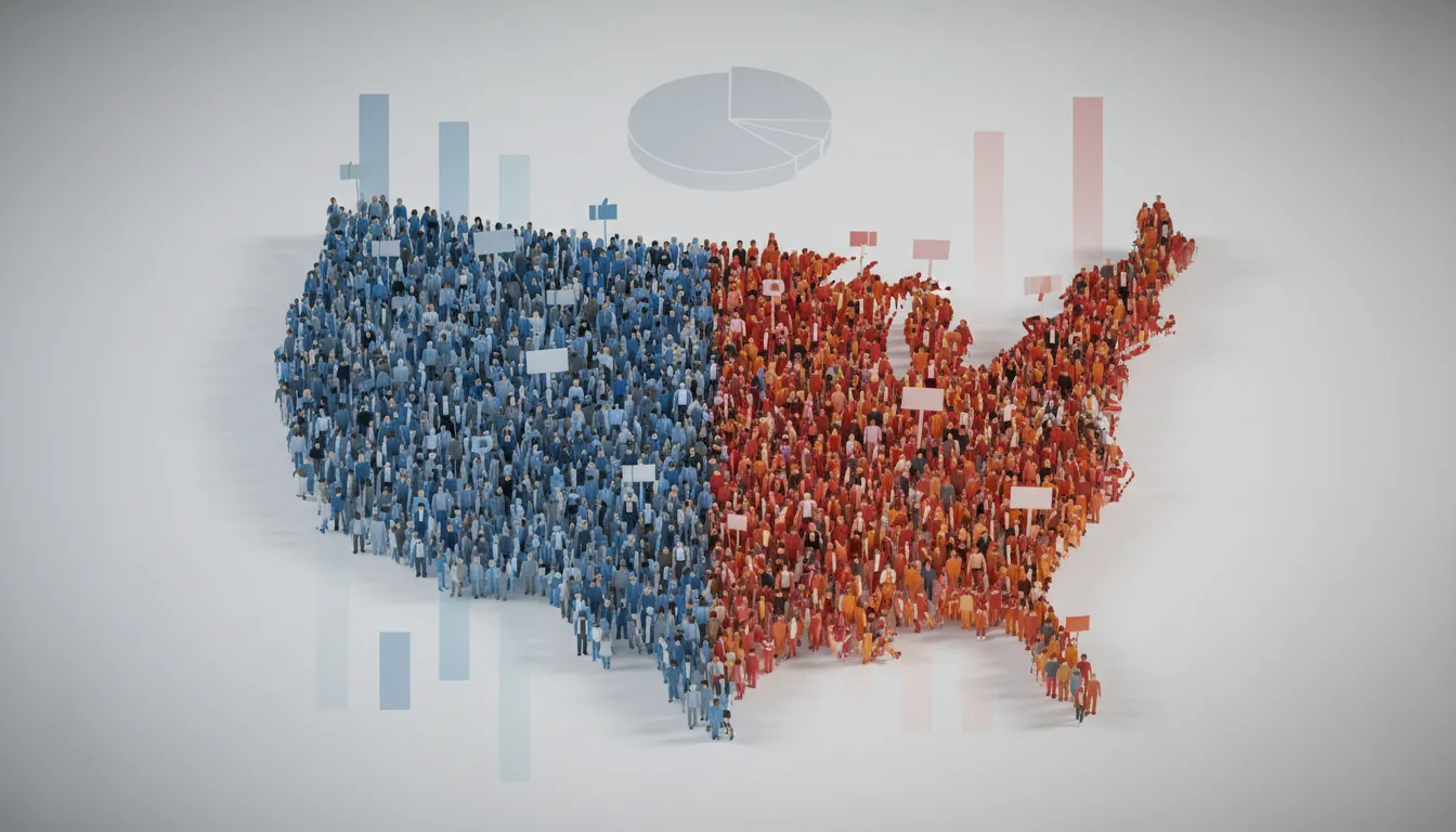Stilisierte US‑Karte aus Menschen mit geteilten Farben, überlagert von Kreis‑ und Balkendiagrammen zur Darstellung von Umfrageergebnissen zur öffentlichen Meinung in den USA zum Krieg mit Iran