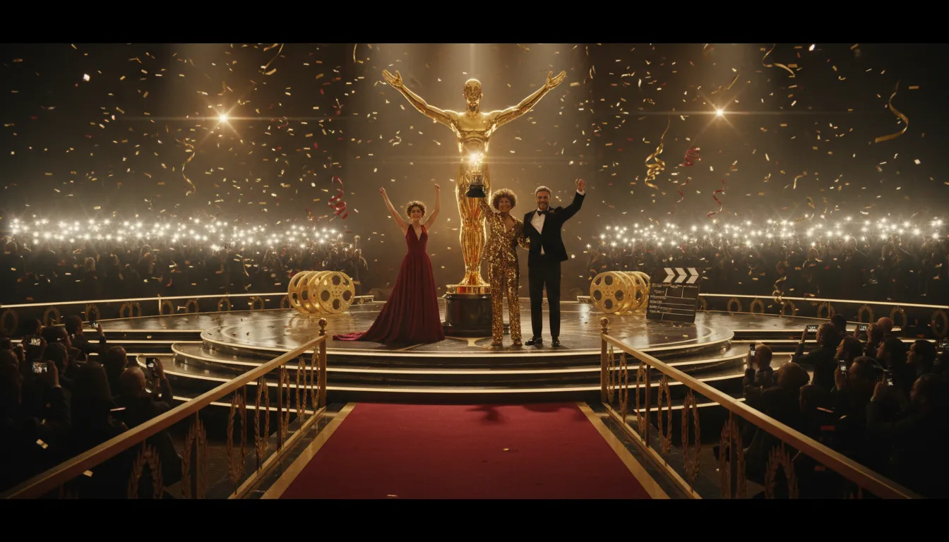 Célébration des Oscars 2026 : lauréats anonymes en tenue de soirée tenant une statuette dorée sur scène, tapis rouge, projecteurs et confettis