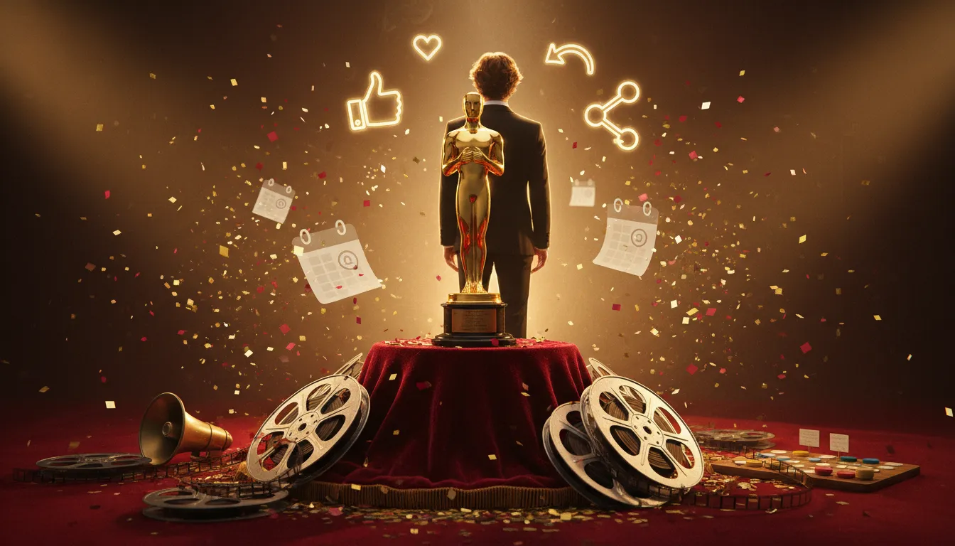 Oscars‑inspiriertes Motiv: goldene Filmtrophäe auf Samtpodest, anonymer Schauspieler‑Schatten, Filmrollen, schwebende Social‑Media‑Symbole und Kalenderblätter – Symbolik für Preisverleihung und Vorhersagen.
