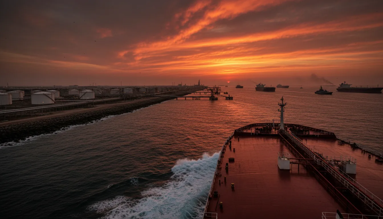 Supertankers dans un détroit avec réservoirs côtiers et silhouettes navales sous un ciel orageux, illustrant le risque de perturbation de l'approvisionnement en pétrole et gaz