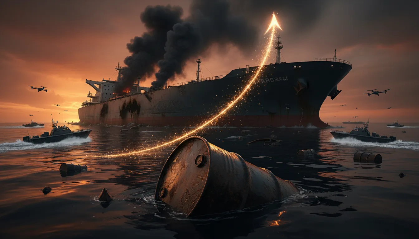 Pétrolier endommagé dans le Golfe avec une barrique de pétrole au premier plan et une courbe lumineuse ascendante symbolisant la hausse du prix du Brent